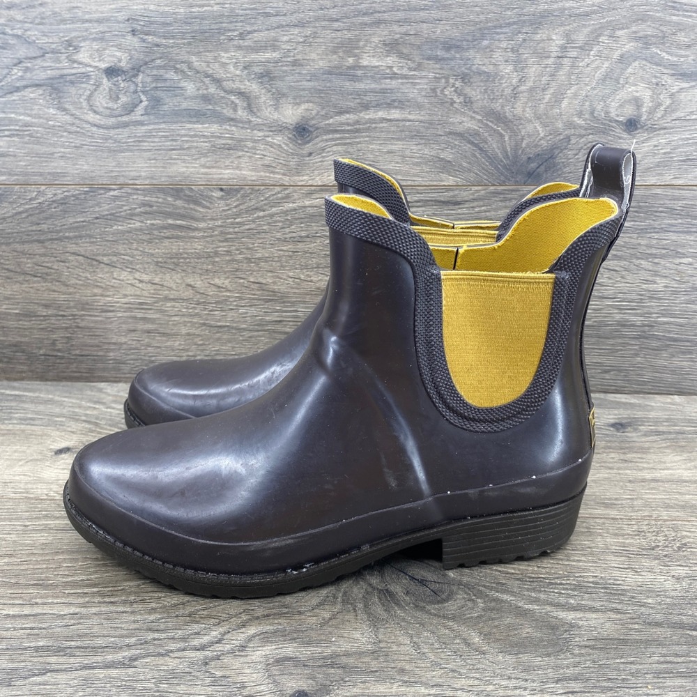 L.L.Bean Wellie Rain Boots Womens 8 Brown Yellow Chelsea Waterproof Ankle 300364